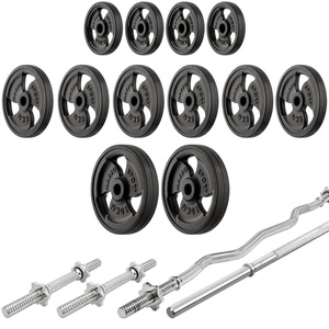 Set MS3_2.0_83KG_G | banco doble + soportes de gimnasio con aseguramiento y separación ajustable +  juego de barras reforzadas y pesas engomados 83 kg - Marbo Sport