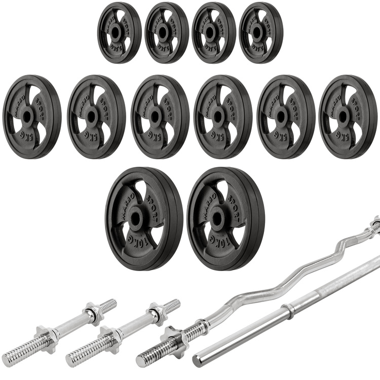 Set MH7_110KG_KIER_G | Banco regulable de doble cara MH-L114 + Soportes de barra ajustables (2 piezas) MH-S201 + Juego de barras reforzadas y pesas de goma 83 kg - Marbo Sport