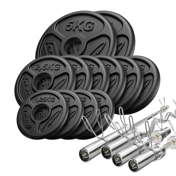 Set de barra olímpica de 180 cm + barra curvada de 120 cm + 2 barras de mancuernas de 50 cm + discos de pesas 65 kg (2×5 kg + 6×2,5 kg + 4×1,25 kg) - Marbo Sport