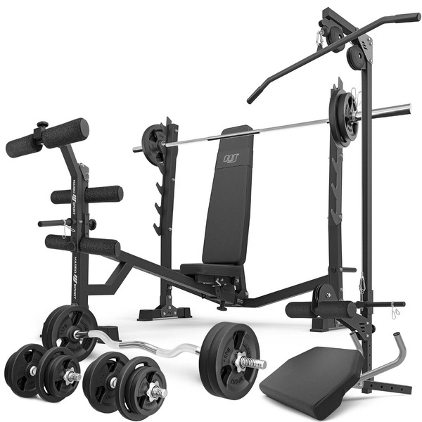 Set MS41_2.0_113KG | Banco ajustable con soportes e inclinación negativa + accesorios + juego de barras reforzadas y pesas 113 kg - Marbo Sport