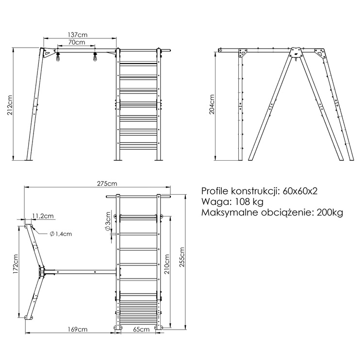 Conjunto escalera de gimnasia con soporte para columpio individual PREMIUM MO-016 + MO-017 - Marbo Sport