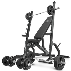Set MS8_2.0_113KG | banco de entrenamiento ajustable de doble cara + soporte multinivel (2 piezas) + juego de barras y discos de pesas 113 kg - Marbo Sport