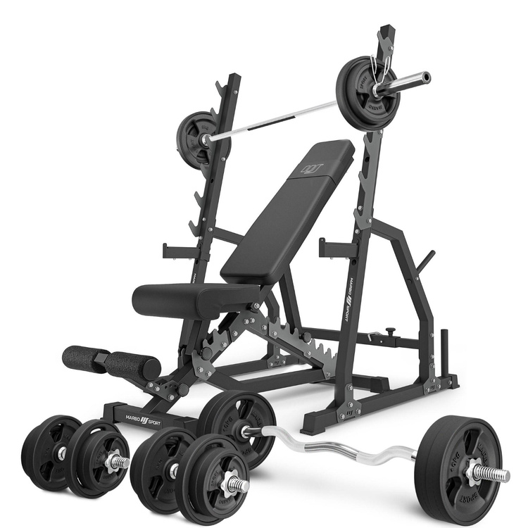 Set MS3_2.0_113KG_G | banco doble + soportes de gimnasio con aseguramiento y separación ajustable + juego de barras reforzadas y pesas engomados 113 kg - Marbo Sport