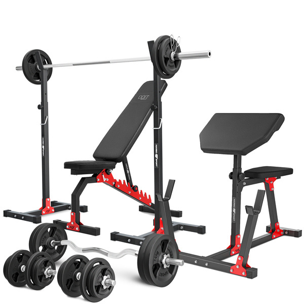 Set MH9 | Banco regulable de doble cara MH-L114 +  Soportes de barra ajustables (2 piezas) MH-S201 + Banco escocés (bicep curl) MH-L105 - Marbo Sport