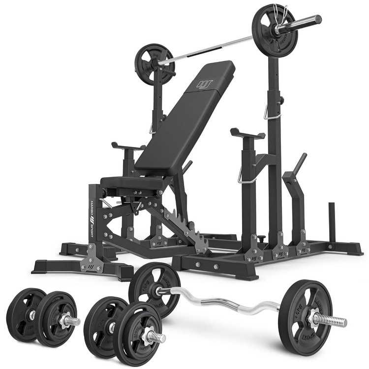 Set MS11_2.0_83KG_G | banco de entrenamiento ajustable de doble cara + soportes ajustables + juego de barras reforzadas y pesas de goma 83 kg - Marbo Sport