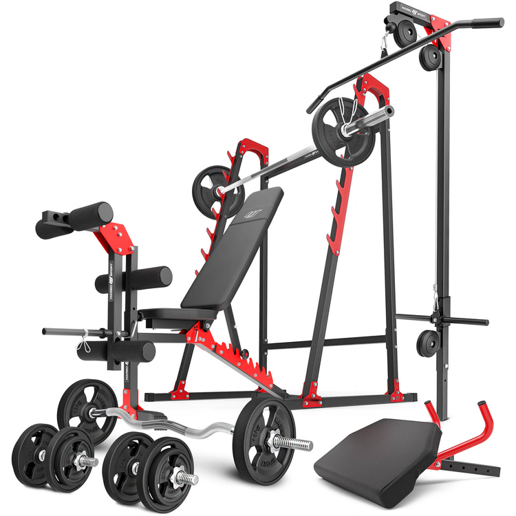 Set MH26_147KG_KIER_G | Banco de entrenamiento MH-L115 + Soportes multinivel MH-S204 + Entrenador de piernas MH-A102 + Bícep curl con asas MH-A101 + Elevador superior e inferior MH-W104 + Juego de barras reforzadas y pesas de goma 83 kg - Marbo Sport