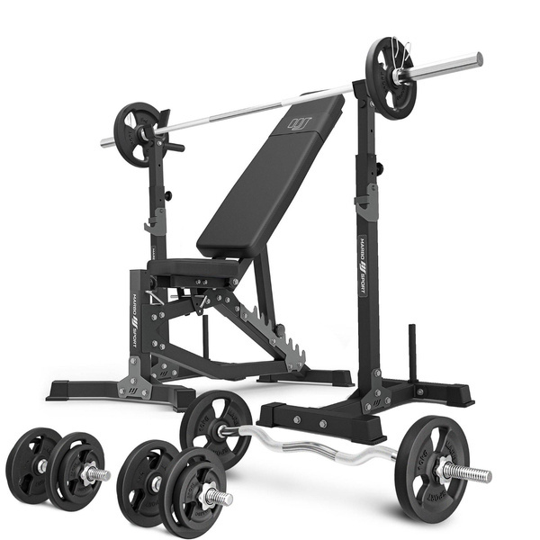Set MS30_2.0_83KG | banco de entrenamiento ajustable de doble cara + soporte multinivel para mancuernas (2 piezas) con asistencia +  juego de barras reforzadas y pesas 83 kg - Marbo Sport