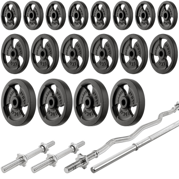 Set MS2_2.0_113KG | banco doble + soportes ajustables + juego de barras reforzadas y pesas 113 kg - Marbo Sport