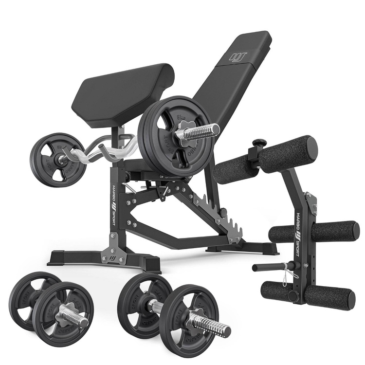 Set MS39_2.0_42KG_G | banco ajustable + accesorio de curl predicador + accesorio de desarrollo + juego de barras reforzadas y pesas de goma 42kg - Marbo Sport