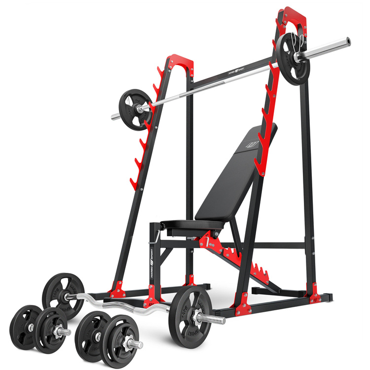 Set MH24_126KG_KIER | Banco de entrenamiento multifuncional ajustable MH-L115 + Soportes multinivel MH-S204 + Juego de barras reforzadas y pesas 83 kg - Marbo Sport